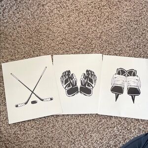 3 Hockey Wall Art Set 8x10 - Black and White